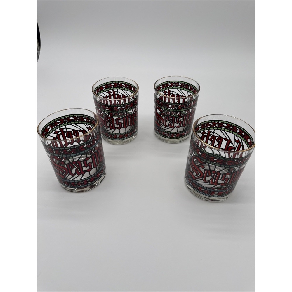 Set 4 Vintage Houze Stained Glass "Seasons Greetings" Christmas Low Ball Tumbler